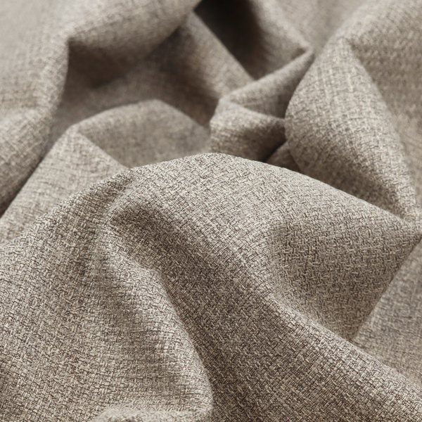 An upholstery fabric in a versatile taupe or mushroom shade. The textile features a dense, multi-tonal weave with interlacing fibres of cool grey, beige, and cream, creating a sophisticated textured linen-look surface.