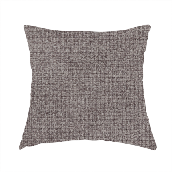 The fabric used to create this handmade cushion is a upholstery fabric in a sophisticated mink or warm grey shade. The textile features a tight, multi-tonal weave with interlacing threads of deep taupe, charcoal, and soft brown, creating a rich, textured surface with a matte finish.