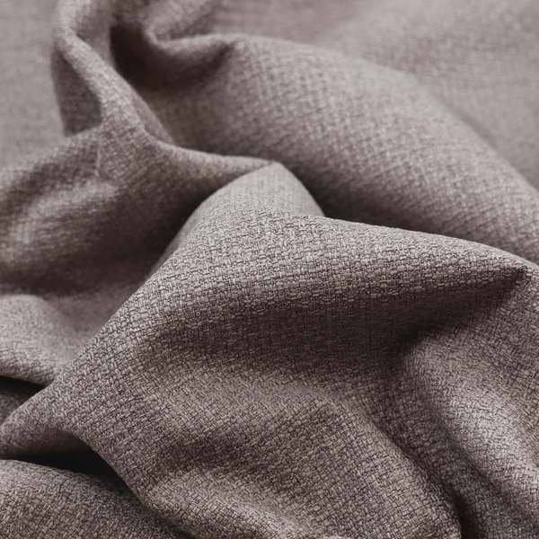An upholstery fabric in a sophisticated mink or warm grey shade. The textile features a tight, multi-tonal weave with interlacing threads of deep taupe, charcoal, and soft brown, creating a rich, textured surface with a matte finish.