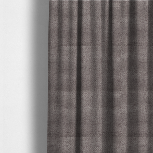 The fabric used to create these made-to-measure curtains is a upholstery fabric in a sophisticated mink or warm grey shade. The textile features a tight, multi-tonal weave with interlacing threads of deep taupe, charcoal, and soft brown, creating a rich, textured surface with a matte finish.