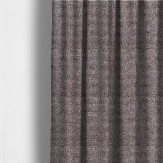 The fabric used to create these made-to-measure curtains is a upholstery fabric in a sophisticated mink or warm grey shade. The textile features a tight, multi-tonal weave with interlacing threads of deep taupe, charcoal, and soft brown, creating a rich, textured surface with a matte finish.