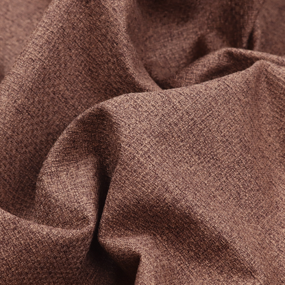 An upholstery fabric in a rich cocoa or cedar brown shade. The textile features a dense, multi-tonal weave with interlaced threads of deep chocolate and warm earth tones, creating a sophisticated textured linen-look surface.