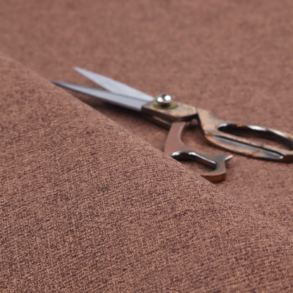 An upholstery fabric in a rich cocoa or cedar brown shade. The textile features a dense, multi-tonal weave with interlaced threads of deep chocolate and warm earth tones, creating a sophisticated textured linen-look surface.