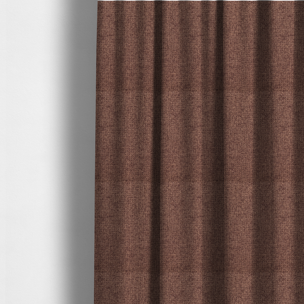 The fabric used to create these made-to-measure curtains is a upholstery fabric in a rich cocoa or cedar brown shade. The textile features a dense, multi-tonal weave with interlaced threads of deep chocolate and warm earth tones, creating a sophisticated textured linen-look surface.