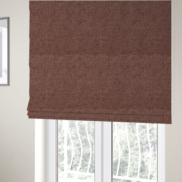 The fabric used to create these Roman blinds is a upholstery fabric in a rich cocoa or cedar brown shade. The textile features a dense, multi-tonal weave with interlaced threads of deep chocolate and warm earth tones, creating a sophisticated textured linen-look surface.