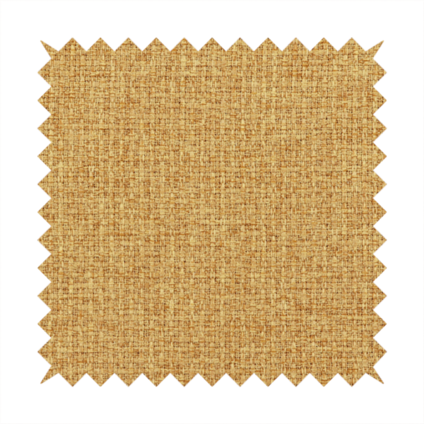 An upholstery fabric in a bright mustard or golden ochre shade. The textile features a dense, multi-tonal basket weave with interlacing threads of yellow, gold, and light tan, creating a vibrant, linen-look texture with a matte finish.