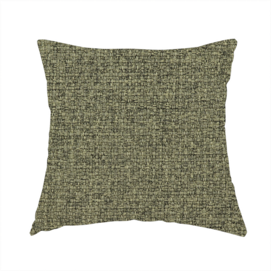 The fabric used to create this handmade cushion is a upholstery fabric in an earthy olive or moss green shade. The textile features a dense, multi-tonal weave with interlaced threads of forest green, sage, and dark charcoal, creating a rich, textured linen-look surface with a matte finish.
