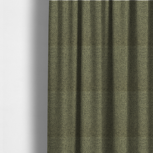 The fabric used to create these made-to-measure curtains is a upholstery fabric in an earthy olive or moss green shade. The textile features a dense, multi-tonal weave with interlaced threads of forest green, sage, and dark charcoal, creating a rich, textured linen-look surface with a matte finish.