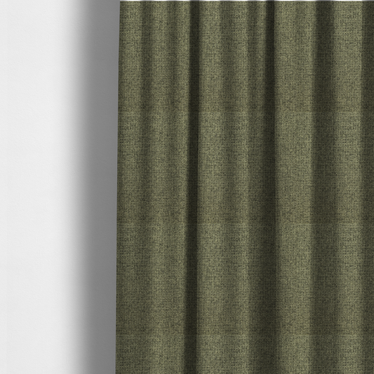 The fabric used to create these made-to-measure curtains is a upholstery fabric in an earthy olive or moss green shade. The textile features a dense, multi-tonal weave with interlaced threads of forest green, sage, and dark charcoal, creating a rich, textured linen-look surface with a matte finish.