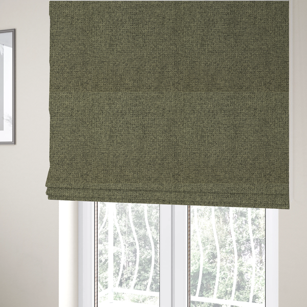 The fabric used to create these Roman blinds is a upholstery fabric in an earthy olive or moss green shade. The textile features a dense, multi-tonal weave with interlaced threads of forest green, sage, and dark charcoal, creating a rich, textured linen-look surface with a matte finish.