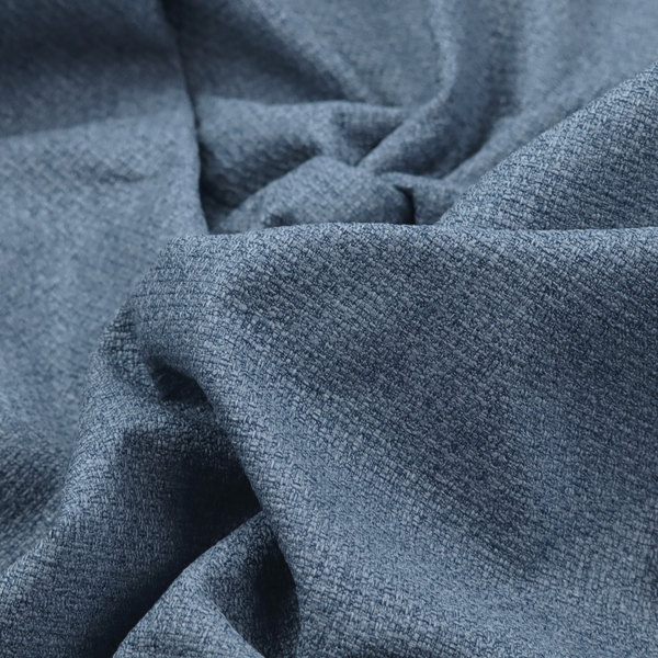 An upholstery fabric in a classic navy or denim blue. The textile features a dense, multi-tonal weave with interlacing threads of royal blue, charcoal, and soft grey, creating a rich, textured linen-look surface with a matte finish.
