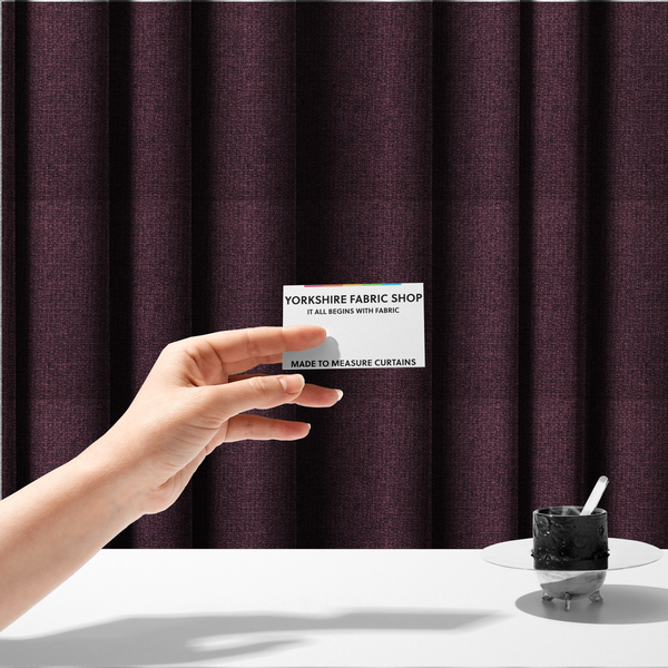 The fabric used to create these made-to-measure curtains is a upholstery fabric in a rich plum or deep burgundy shade. The textile features a dense, multi-tonal weave with interlacing threads of dark purple, berry, and charcoal, creating a textured, linen-look surface with a sophisticated matte finish.