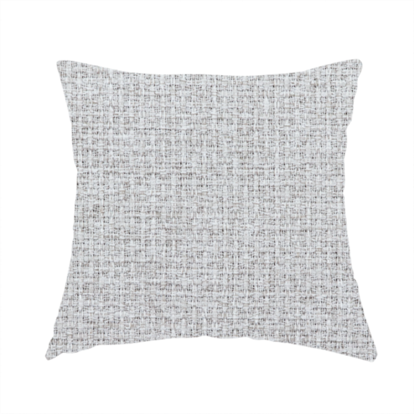 The fabric used to create this handmade cushion is a fabric in a cool-toned light silver or pale grey. The weave features interlaced white and soft grey threads, creating a bright, contemporary textured finish.