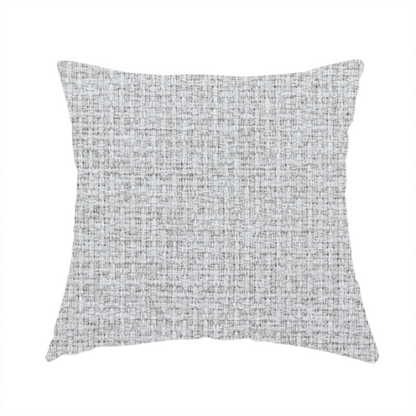 The fabric used to create this handmade cushion is a fabric in a cool-toned light silver or pale grey. The weave features interlaced white and soft grey threads, creating a bright, contemporary textured finish.