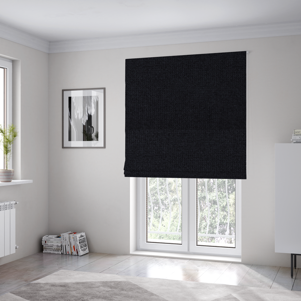 The fabric used to create these Roman blinds is a fabric in midnight black. Dense, saturated weave of onyx and deep obsidian threads for a sleek matte finish.