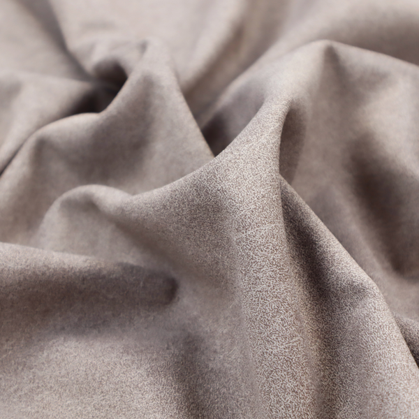 A taupe or mushroom-coloured fabric with a rich, distressed texture. The material features a fine, pebble-like grain combined with thin, irregular light-coloured "crackle" lines that mimic the look of aged leather or pressed felt. The colour is a sophisticated blend of dusty brown and grey tones with ivory highlights.
