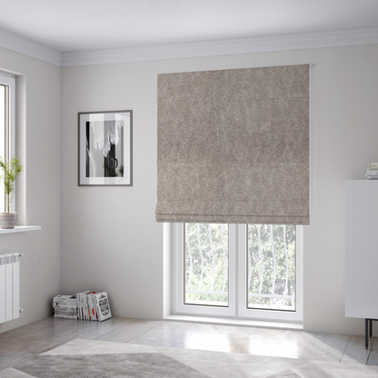 The fabric used to create these Roman blinds is a taupe or mushroom-coloured fabric with a rich, distressed texture. The material features a fine, pebble-like grain combined with thin, irregular light-coloured "crackle" lines that mimic the look of aged leather or pressed felt. The colour is a sophisticated blend of dusty brown and grey tones with ivory highlights.