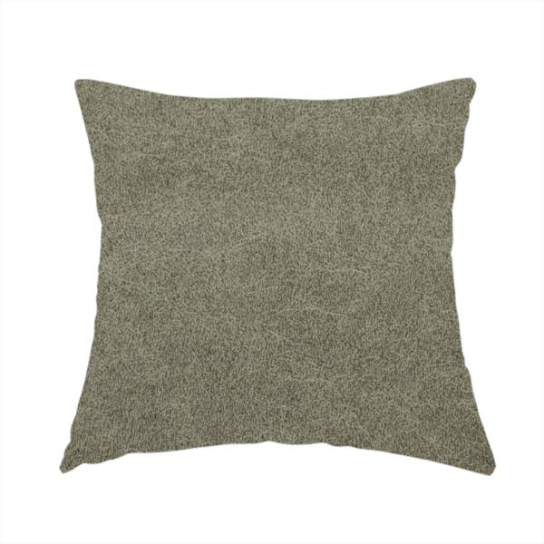 The fabric used to create these handmade cushions is a olive-drab or sage-green fabric with a rich, distressed texture. The material features a dense, mottled pattern where dark earthy green fibres are interspersed with lighter, pale-green highlights. Like others in this series, it is characterized by faint, irregular light-coloured "crackle" lines that give it the appearance of weathered suede or industrial felt.