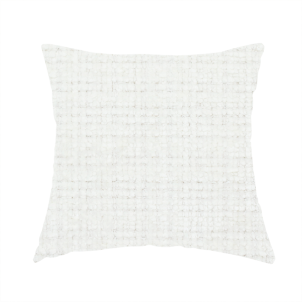 The fabric used to create these handmade cushions is a off-white upholstery fabric. The material features a chunky, nubby boucle texture arranged in a soft horizontal and vertical grid pattern, creating a cosy and dimensional tactile surface.