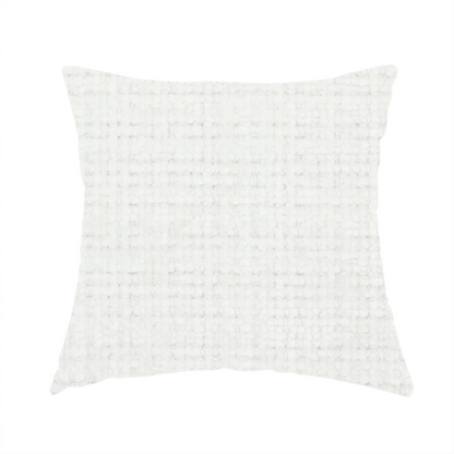The fabric used to create these handmade cushions is a off-white upholstery fabric. The material features a chunky, nubby boucle texture arranged in a soft horizontal and vertical grid pattern, creating a cosy and dimensional tactile surface.