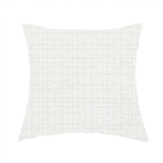 The fabric used to create these handmade cushions is a off-white upholstery fabric. The material features a chunky, nubby boucle texture arranged in a soft horizontal and vertical grid pattern, creating a cosy and dimensional tactile surface.