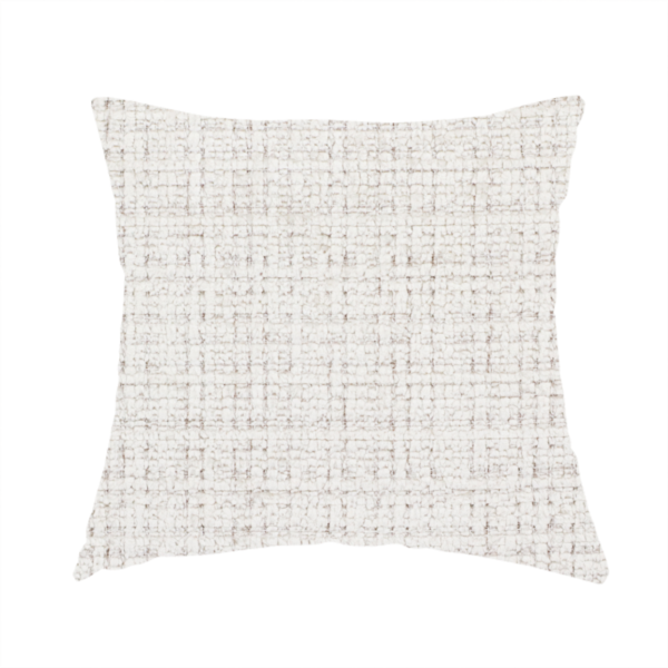 The fabric used to create these handmade cushions is a cream and oatmeal-toned fabric. The material features a chunky, multi-tonal boucle weave with a distinct grid pattern and organic snubbed yarns, creating a dimensional and rustic look.