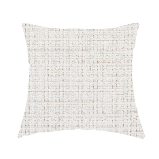 The fabric used to create these handmade cushions is a cream and oatmeal-toned fabric. The material features a chunky, multi-tonal boucle weave with a distinct grid pattern and organic snubbed yarns, creating a dimensional and rustic look.
