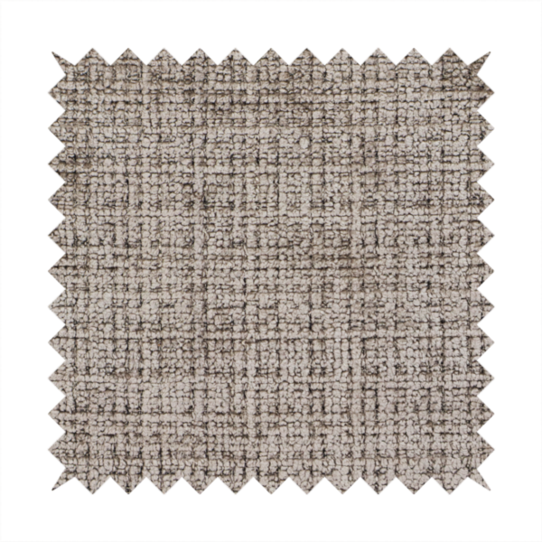 A taupe and grey textured boucle fabric with a dense, dimensional grid weave.