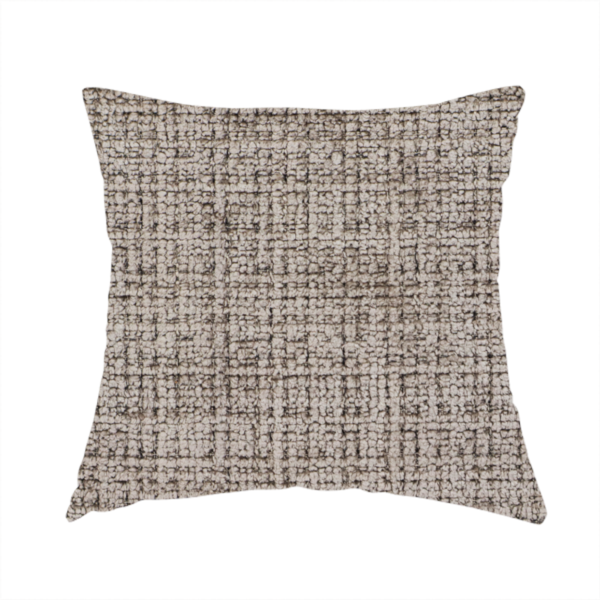 The fabric used to create these handmade cushions is a taupe and grey textured boucle fabric with a dense, dimensional grid weave.