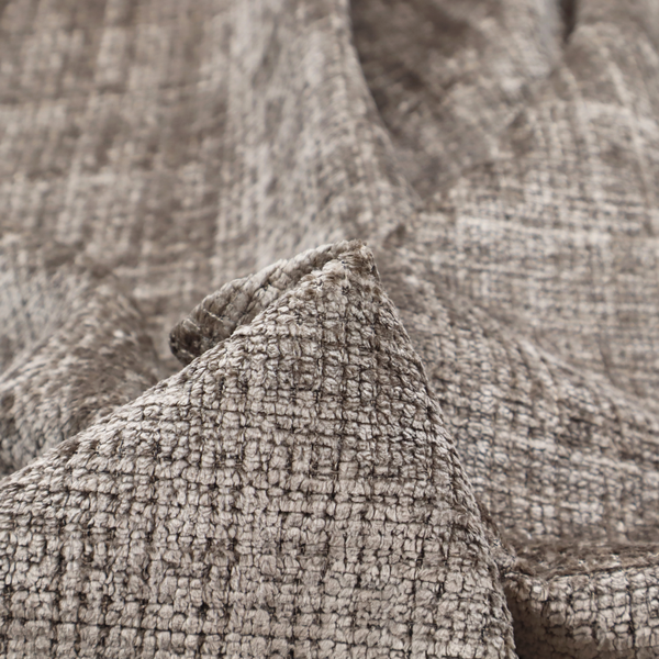A taupe and grey textured boucle fabric with a dense, dimensional grid weave.
