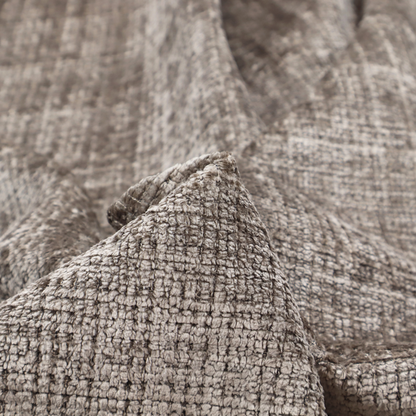 A taupe and grey textured boucle fabric with a dense, dimensional grid weave.