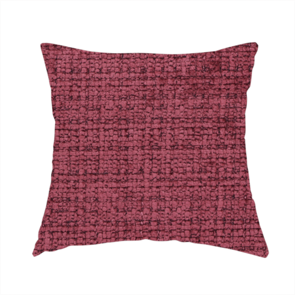 The fabric used to create this handmade cushion is a Scanno Weave upholstery fabric in a deep red shade, showcasing a detailed, woven texture with an interlocking grid pattern.