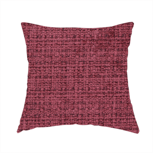 The fabric used to create this handmade cushion is a Scanno Weave upholstery fabric in a deep red shade, showcasing a detailed, woven texture with an interlocking grid pattern.