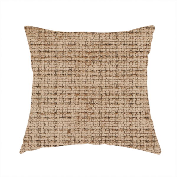 The fabric used to create these handmade cushions is a Scanno Weave upholstery fabric in a warm beige shade, showcasing a detailed, woven texture with an interlocking grid pattern.