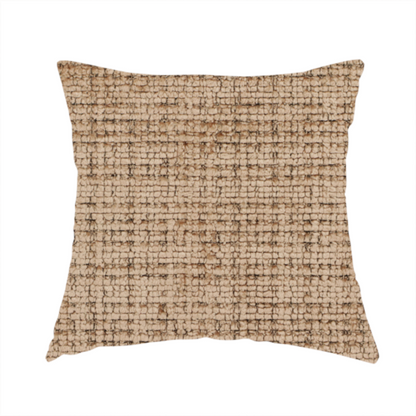 The fabric used to create these handmade cushions is a Scanno Weave upholstery fabric in a warm beige shade, showcasing a detailed, woven texture with an interlocking grid pattern.