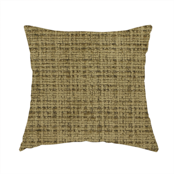 The fabric used to create this handmade cushion is a Scanno Weave upholstery fabric in a muted olive green shade, showcasing a detailed, woven texture with an interlocking grid pattern.