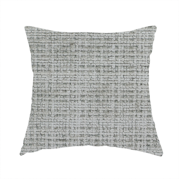 The fabric used to create these handmade cushions is a Scanno Weave upholstery fabric in a light grey shade, featuring a detailed, woven texture with an interlocking grid pattern.