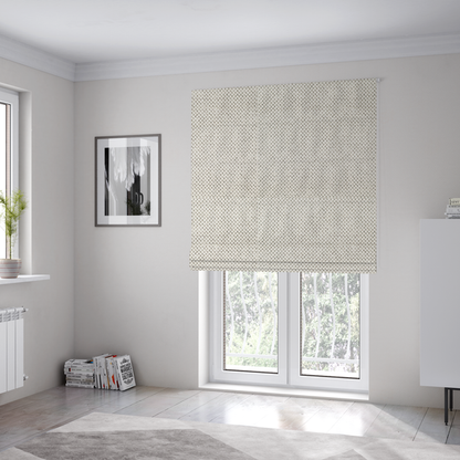 The fabric used to create these Roman blinds is a premium off-white/cream waffle-knit fabric, featuring a crisp, clean, three-dimensional honeycomb weave with a soft finish.