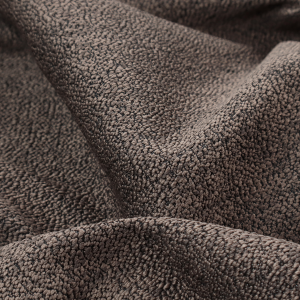 A dark brown textured fabric with a dense, irregular black speckled pattern.