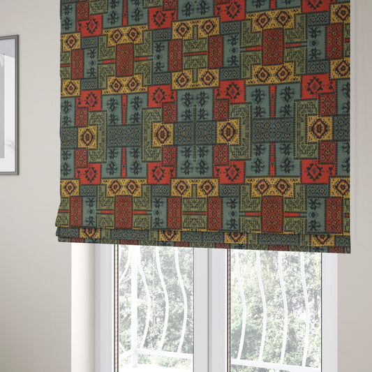 Jayapura Collection Of Kilim Patchwork Heavyweight Chenille Black Multi Colour Upholstery Fabric CTR-324 - Roman Blinds