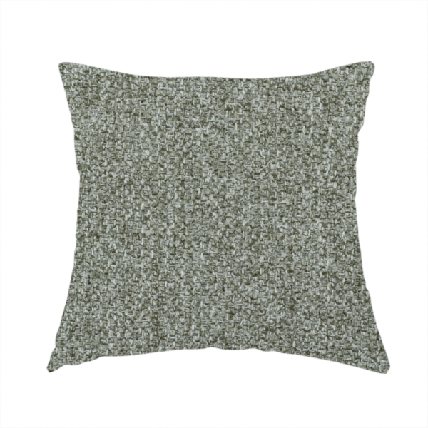 The fabric used to create these handmade cushions is a textured woven upholstery fabric. The material features a dense, multi-tonal weave of sage green, grey, and beige threads, creating a speckled effect with a tactile, matte finish.