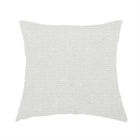 The fabric used to create this handmade cushion is a Chamonix Water Repellent upholstery fabric in White. The material features a dense, textured basket weave with a clean, matte finish and high-durability construction.