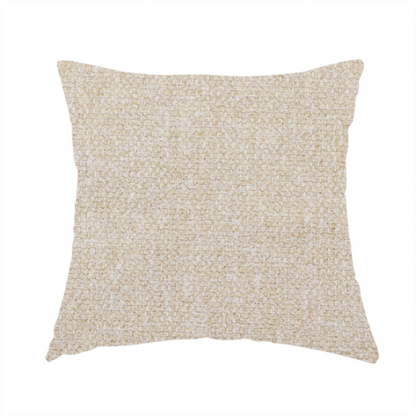 The fabric used to create this handmade cushion is a Chamonix Water Repellent upholstery fabric in Cream. The material features a dense, multi-tonal basket weave texture with warm ivory and off-white threads and a durable, matte finish.