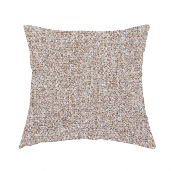 The fabric used to create this handmade cushion is a Chamonix Water Repellent upholstery fabric in light brown. The material features a dense basket weave texture with oatmeal and cream tones and a durable, matte finish.