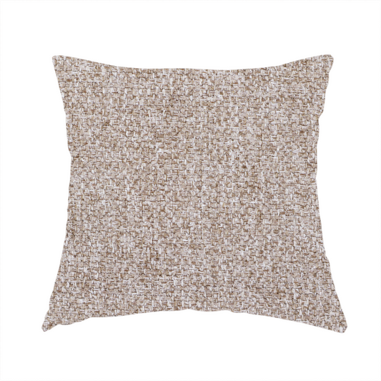 The fabric used to create this handmade cushion is a Chamonix Water Repellent upholstery fabric in light brown. The material features a dense basket weave texture with oatmeal and cream tones and a durable, matte finish.