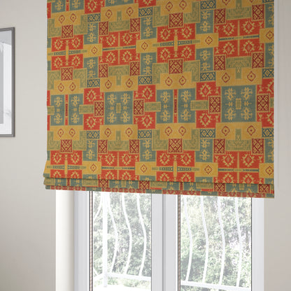 Jayapura Collection Of Kilim Patchwork Heavyweight Chenille Yellow Multi Colour Upholstery Fabric CTR-325 - Roman Blinds