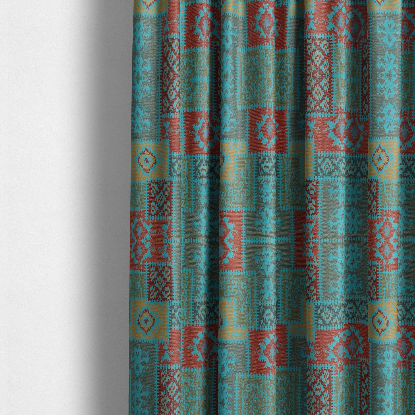 Jayapura Collection Of Kilim Patchwork Heavyweight Chenille Teal Blue Multi Colour Upholstery Fabric CTR-326 - Made To Measure Curtains