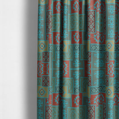 Jayapura Collection Of Kilim Patchwork Heavyweight Chenille Teal Blue Multi Colour Upholstery Fabric CTR-326 - Made To Measure Curtains