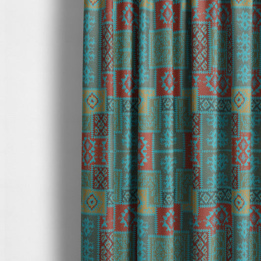 Jayapura Collection Of Kilim Patchwork Heavyweight Chenille Teal Blue Multi Colour Upholstery Fabric CTR-326 - Made To Measure Curtains