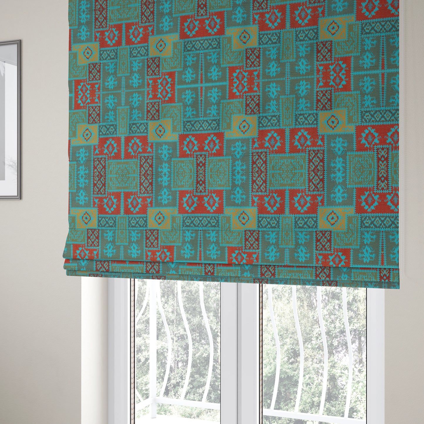 Jayapura Collection Of Kilim Patchwork Heavyweight Chenille Teal Blue Multi Colour Upholstery Fabric CTR-326 - Roman Blinds